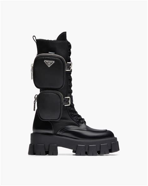 brushed rois leather and nylon monolith boots prada|prada monolith leather shoes.